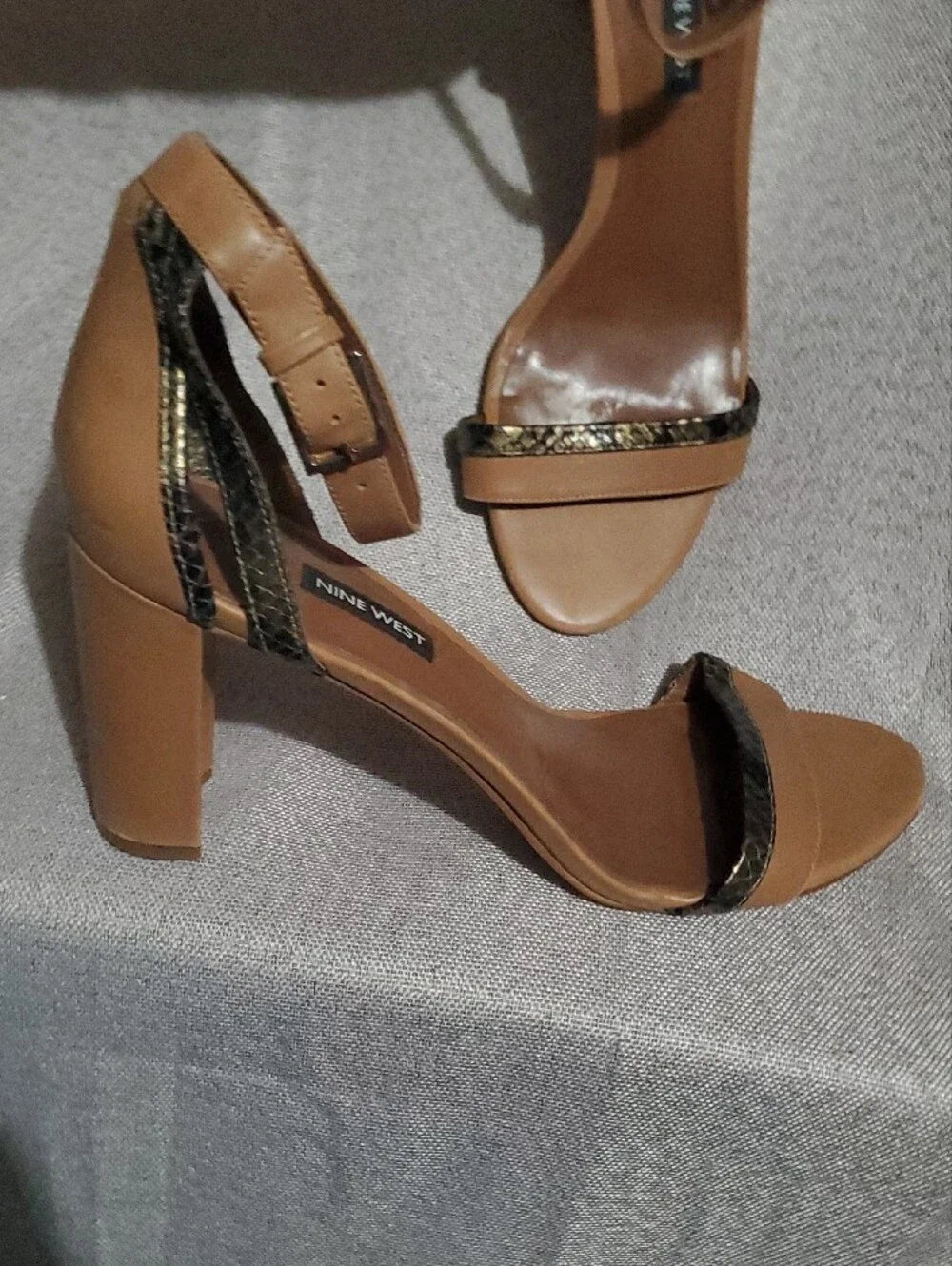 Nine West Brown Ankle-Strap Heeled Sandals with Snakeskin Trim